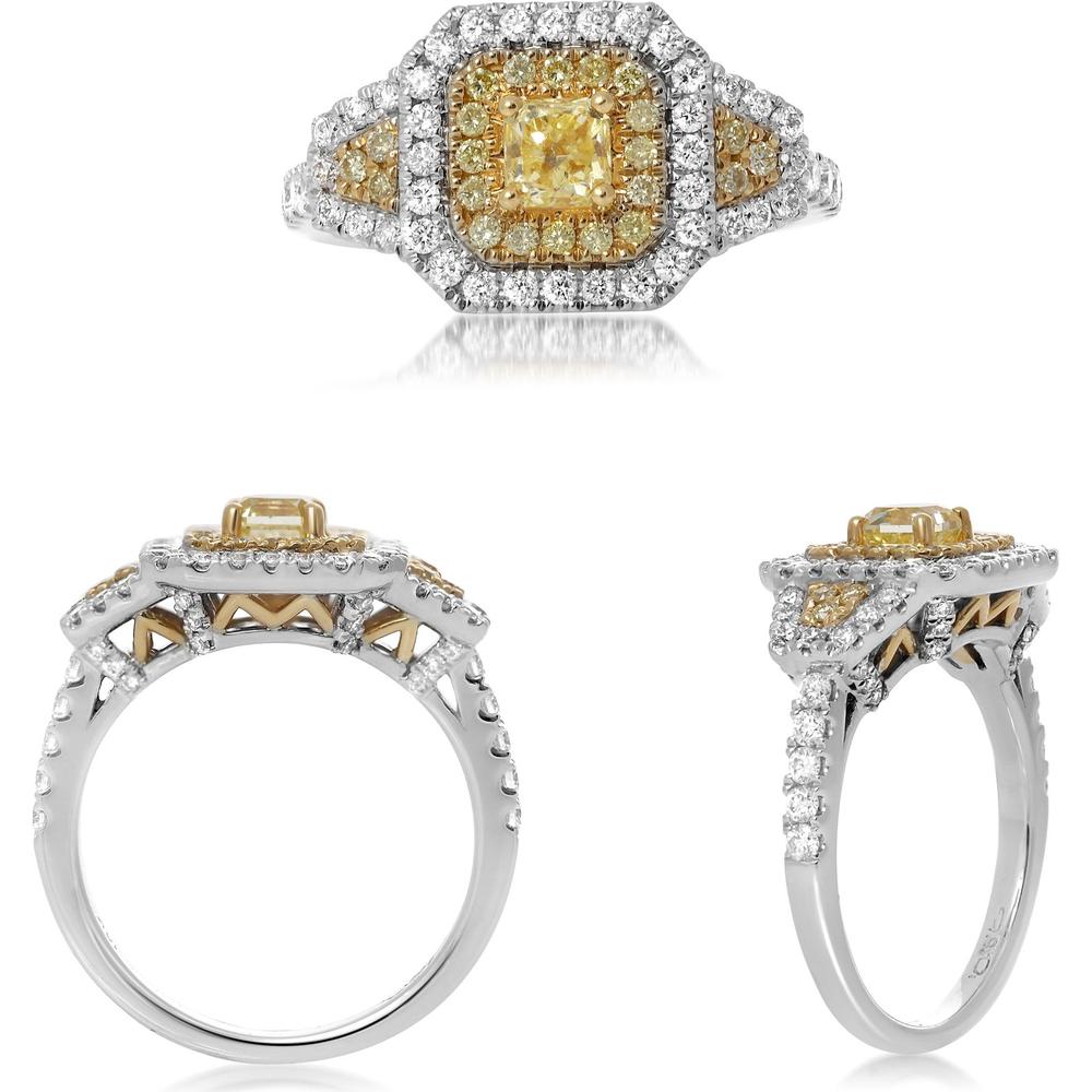Roman & Jules - 18K White and Yellow Gold Radiant Fancy Yellow Diamond Ring with Diamond Halo - 1.30 Carat Total Diamond Weight
