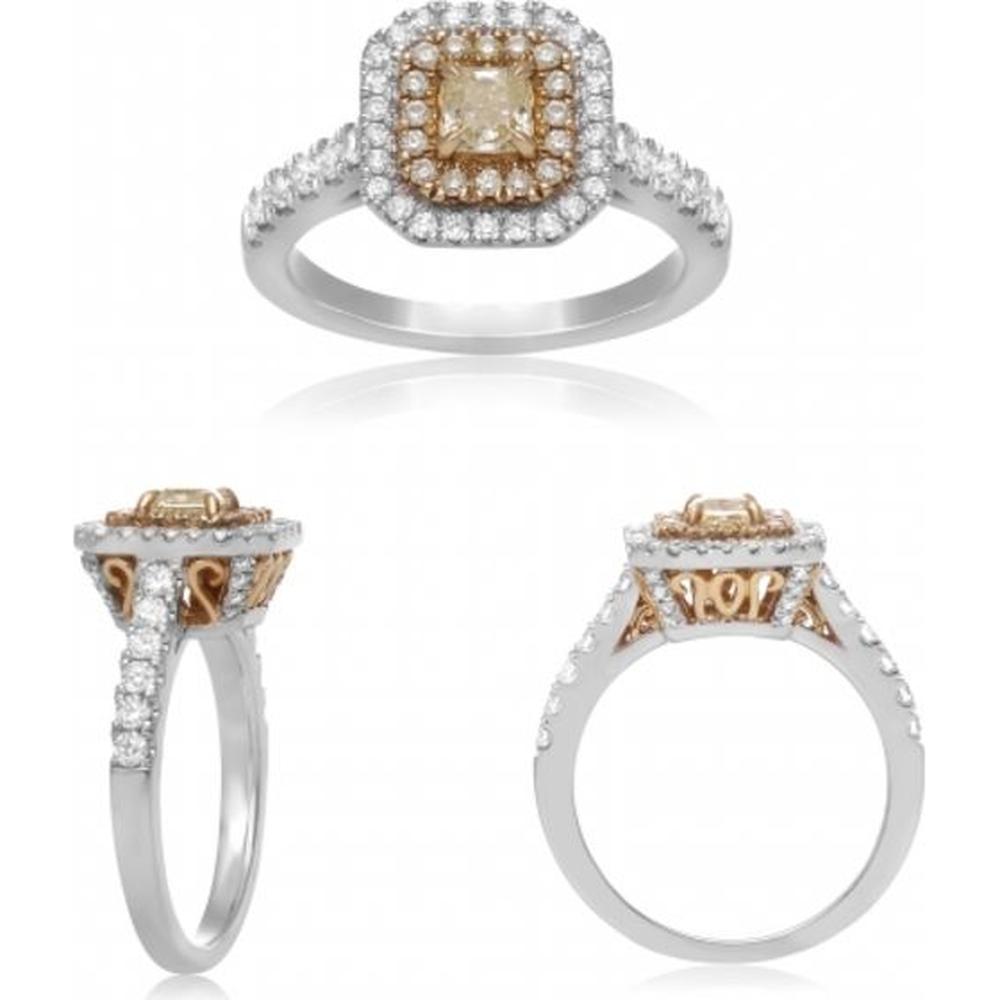 Roman & Jules - 18K White and Yellow Gold Radiant Fancy Yellow Diamond Ring with Double Halo of Round White Diamonds - 0.54 Carat Total Diamond Weight