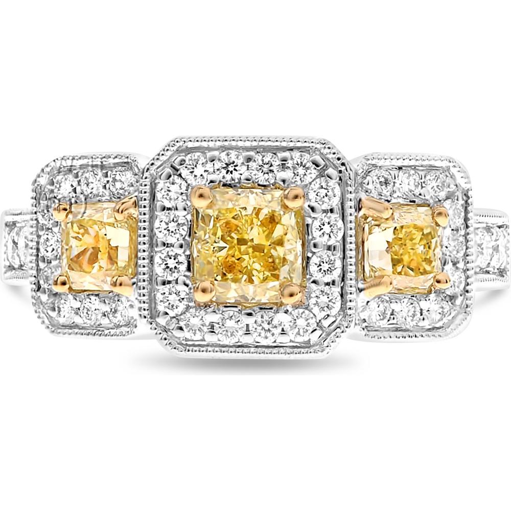 Roman & Jules - 18K White and Yellow Gold Radiant Fancy Yellow Diamond Ring with Halo Design - 1.97 Carat Total Diamond Weight