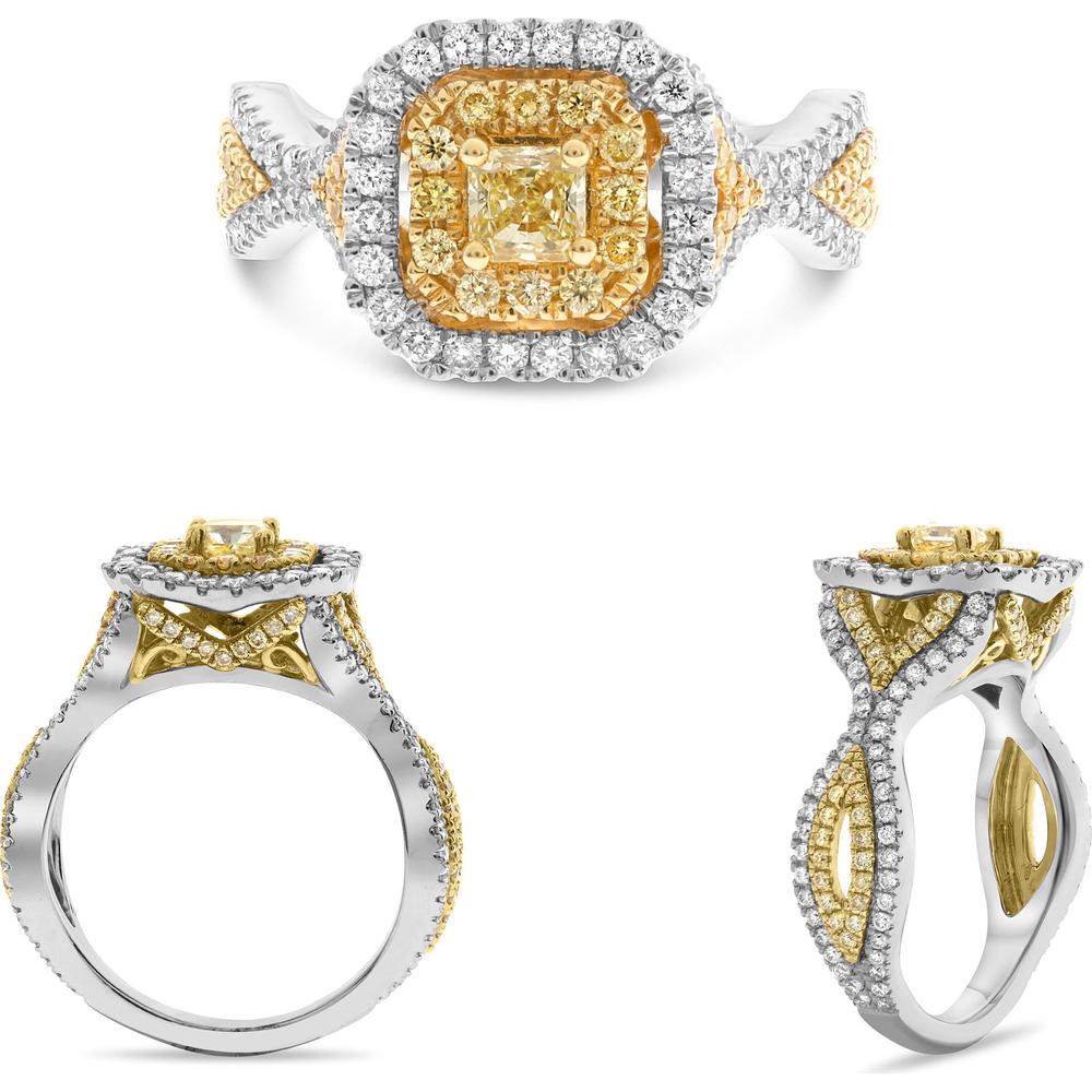 Roman & Jules - 18K White & Yellow Gold Radiant Fancy Yellow Diamond Ring with Round and Radiant Cut Diamonds - 1.41 Carat Total Diamond Weight