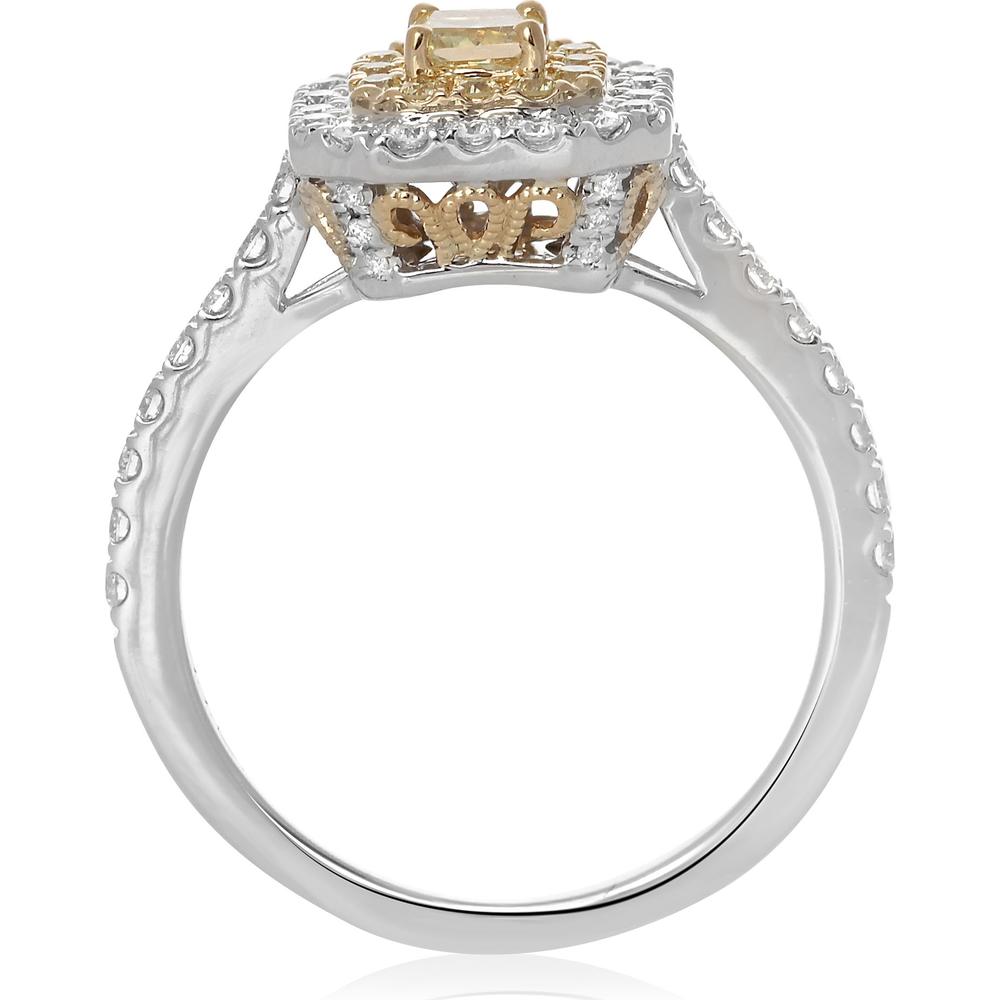 Roman & Jules - 18K White and Yellow Gold Radiant Fancy Yellow Diamond Ring with Round Brilliant Diamonds - 0.72 Carat Total Diamond Weight