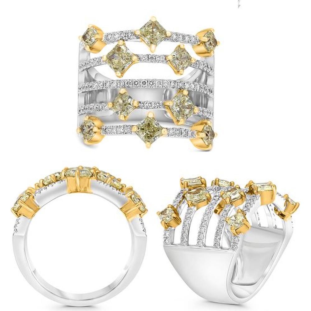 Roman & Jules - 18K White and Yellow Gold Radiant Fancy Yellow Diamond Ring with Round Brilliant Diamonds - 2.64 Carat Total Diamond Weight