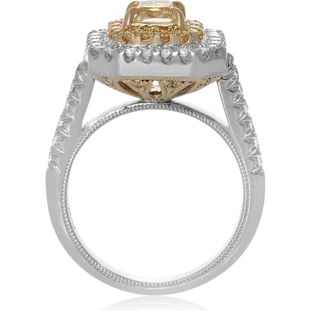 Roman & Jules - 18K White and Yellow Gold Radiant Fancy Yellow Diamond Ring with Round Diamond Accent - 0.87 Carat Total Diamond Weight