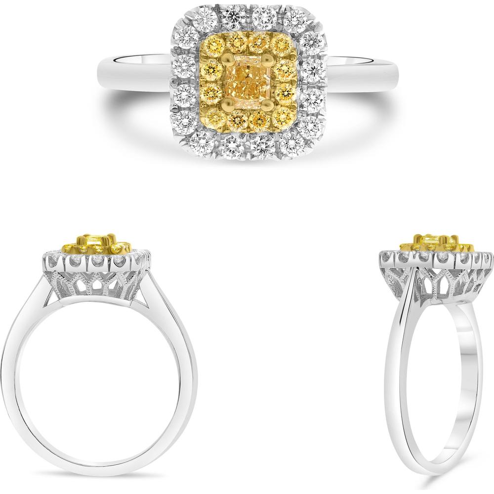 Roman & Jules - 18K White and Yellow Gold Radiant Fancy Yellow Diamond Ring with Round Diamond Halo - 0.29 Carat Total Diamond Weight