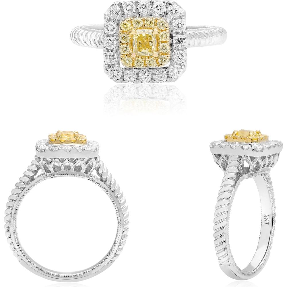 Roman & Jules - 18K White and Yellow Gold Radiant Fancy Yellow Diamond Ring with Round Diamond Halo - 0.67 Carat Total Diamond Weight