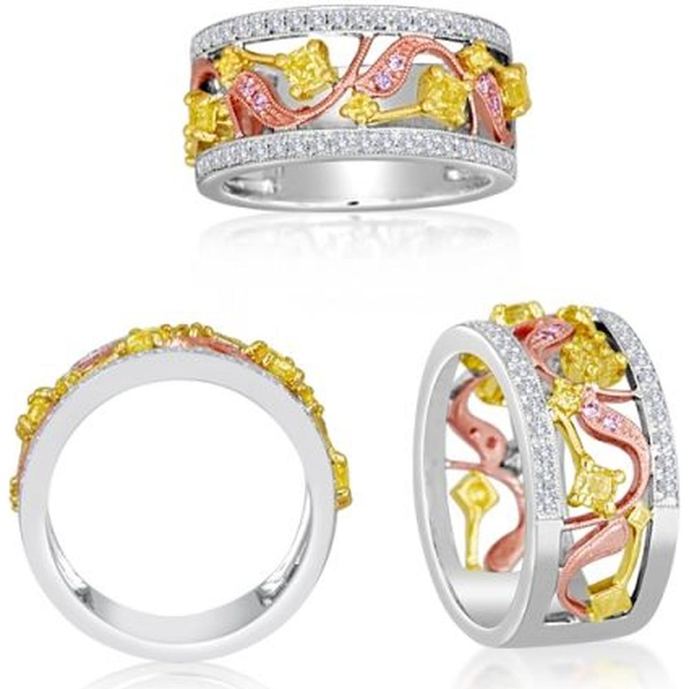 Roman & Jules - 18K White and Yellow Gold Radiant Fancy Yellow Diamond Ring with Round Diamonds - 0.53 Carat Total Diamond Weight