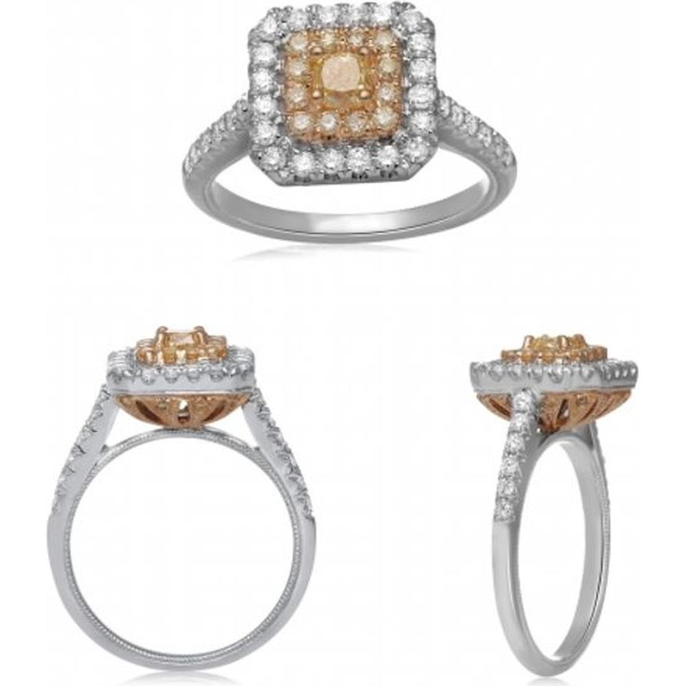 Roman & Jules - 18K White and Yellow Gold Radiant Fancy Yellow Diamond Ring with Round Diamonds - 0.55 Carat Total Diamond Weight