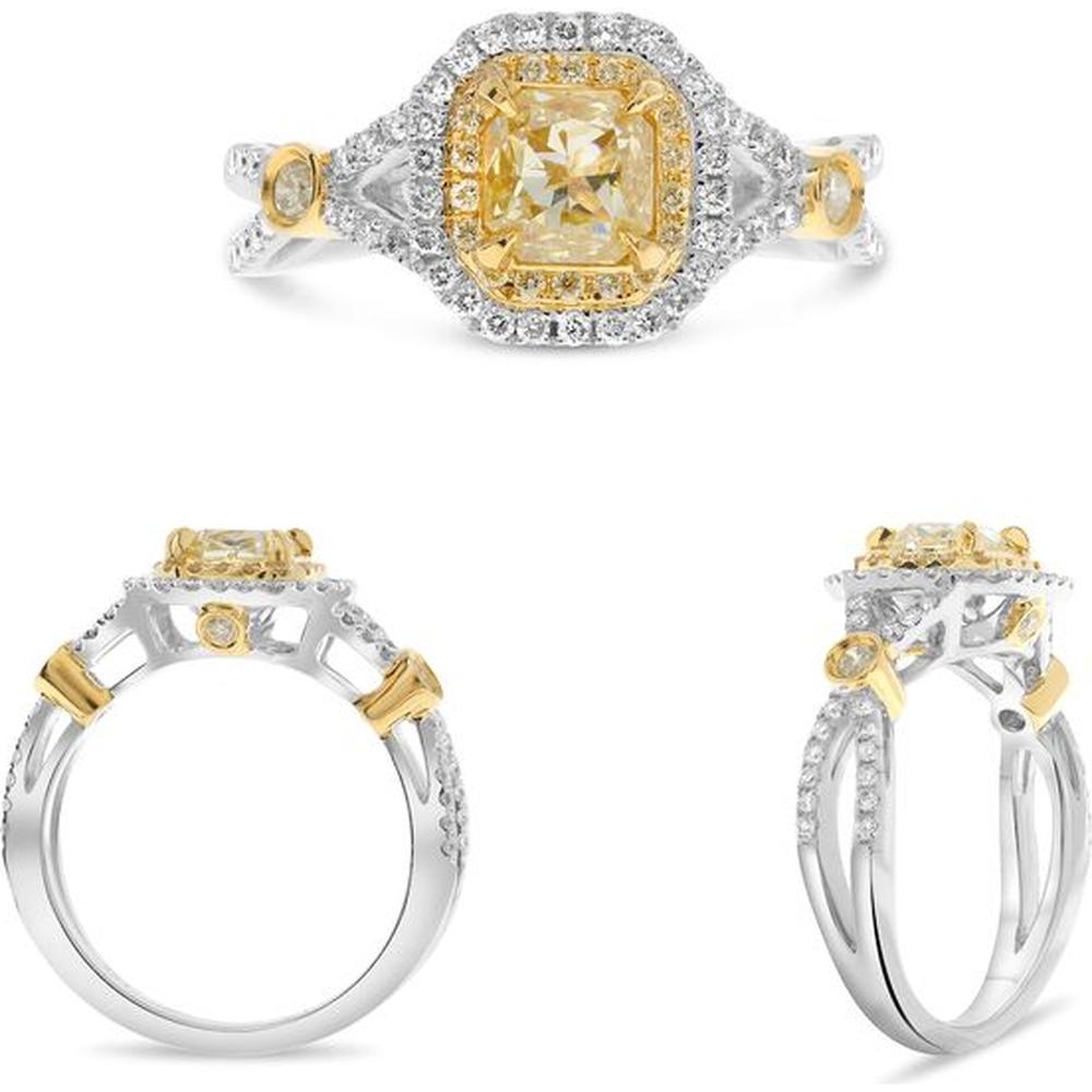 Roman & Jules - 18K White & Yellow Gold Radiant Fancy Yellow Diamond Ring with Round Diamonds - 1.04 Carat Total Diamond Weight