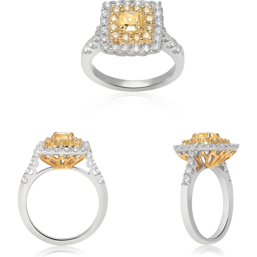 Roman & Jules - 18K White and Yellow Gold Radiant Fancy Yellow Diamond Ring with Round Diamonds - 1.35 Carat Total Diamond Weight