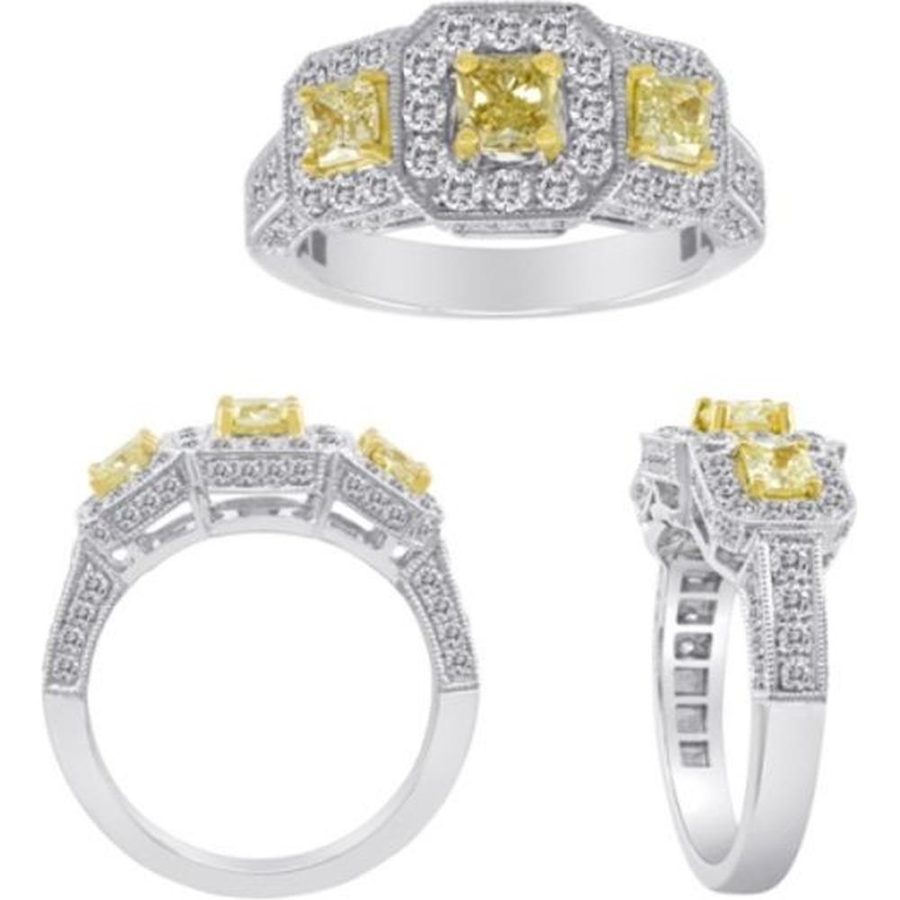 Roman & Jules - 18K White and Yellow Gold Radiant Fancy Yellow Diamond Ring with Round Diamonds - 1.53 Carat Total Diamond Weight