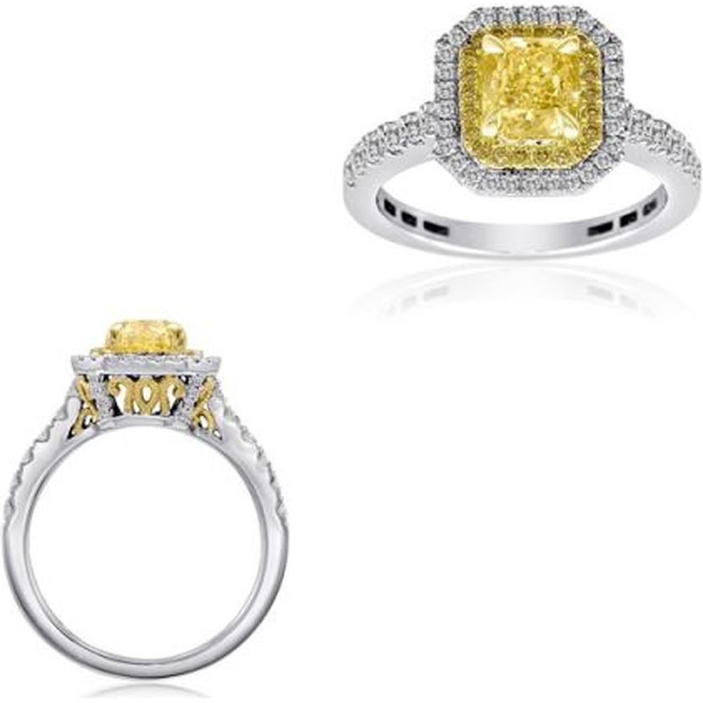 Roman & Jules - 18K White and Yellow Gold Radiant Fancy Yellow Diamond Ring with Round Diamonds - 1.68 Carat Total Diamond Weight