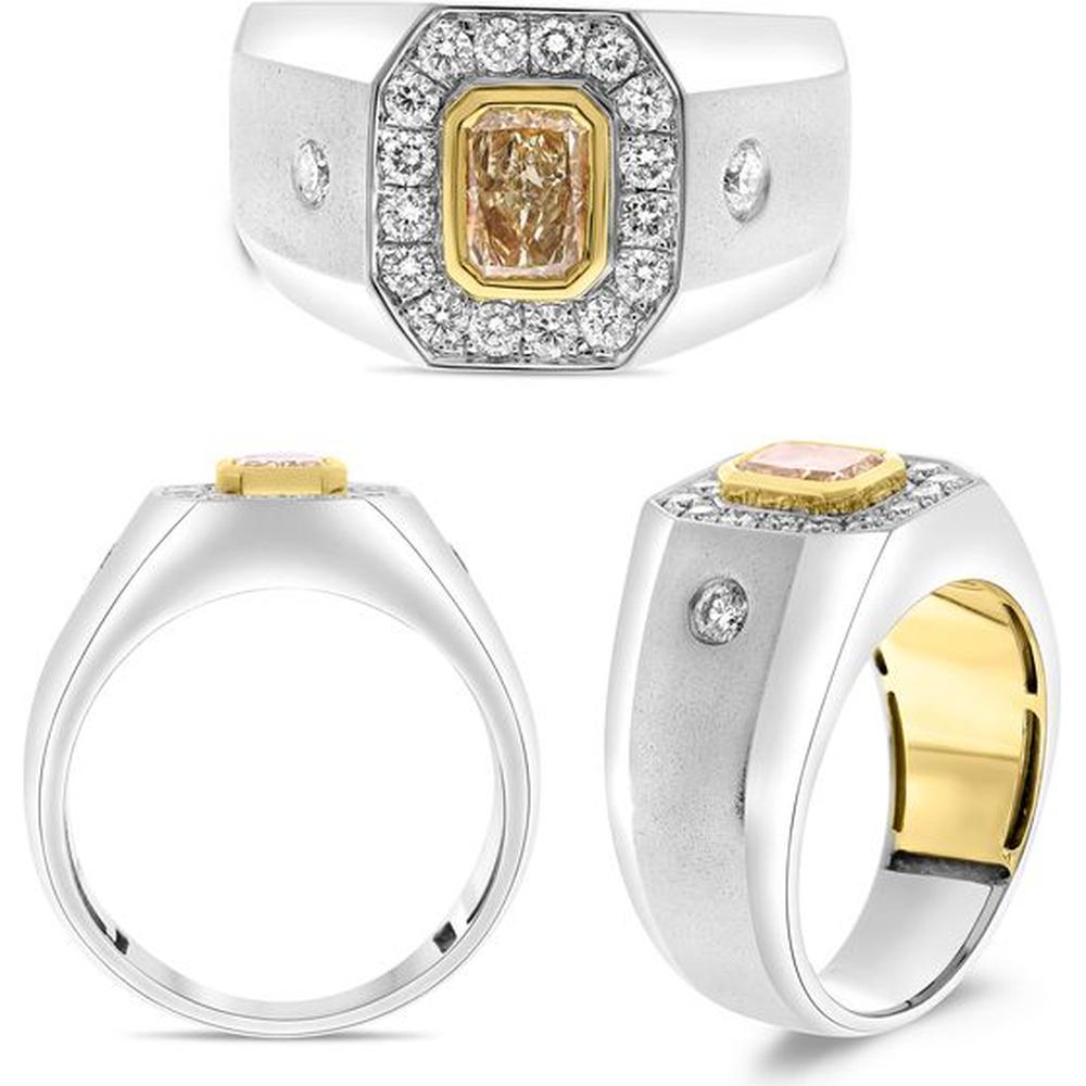Roman & Jules - 18K White and Yellow Gold Radiant Fancy Yellow Diamond Ring with Round Halo Diamonds - 1.03 Carat Total Diamond Weight