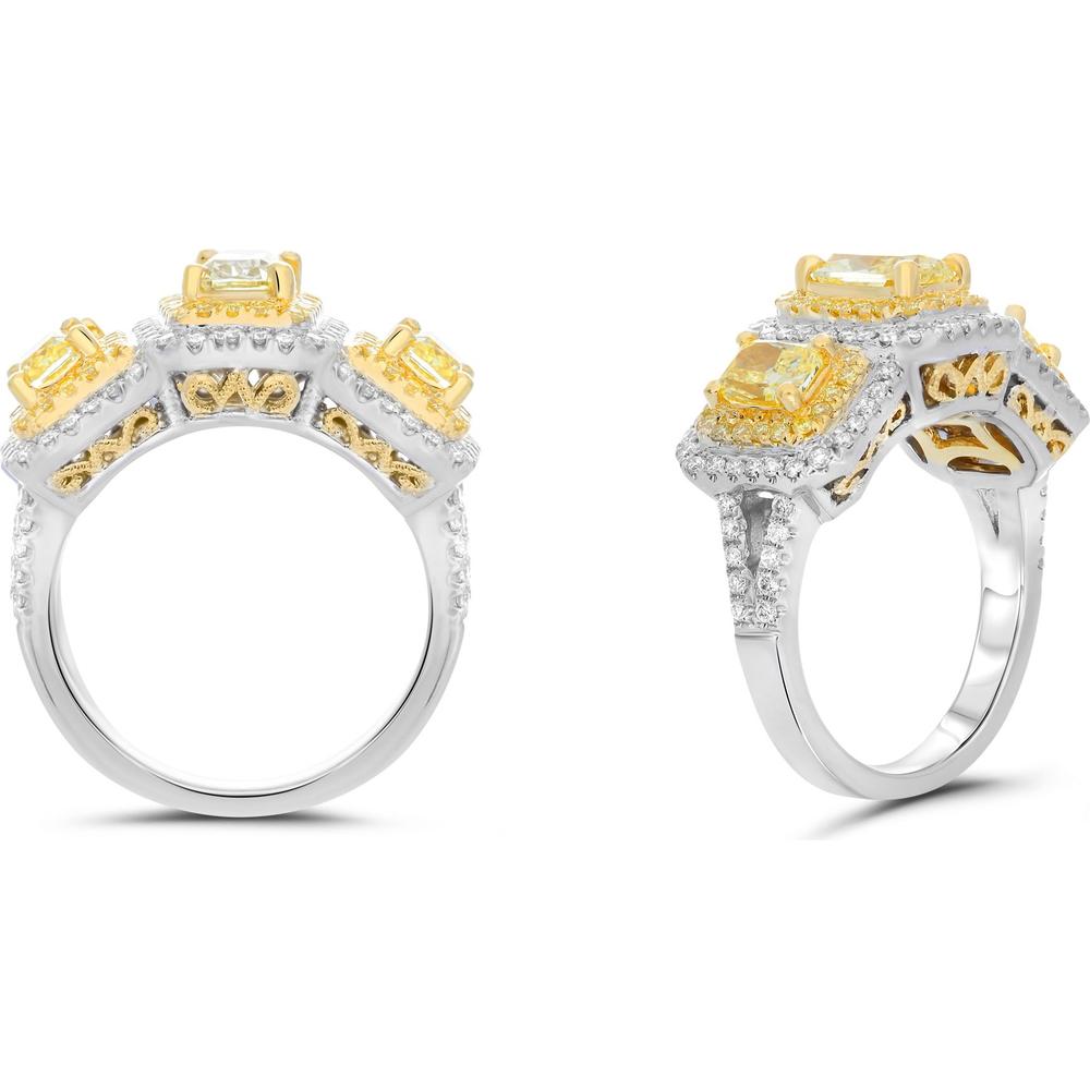 Roman & Jules - 18K White and Yellow Gold Radiant Fancy Yellow Diamond Ring with TS Halo Setting - 1.05 Carat Total Diamond Weight