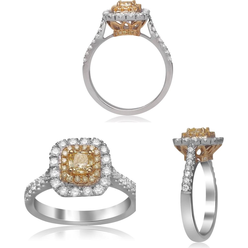 Roman & Jules - 18K White and Yellow Gold Ring with Fancy Yellow Diamond and Diamond Halo - 0.61 Carat Total Diamond Weight