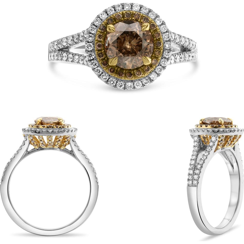 Roman & Jules - 18K White and Yellow Gold Round Champagne Diamond Halo Ring with 0.37 Carat Total White Diamonds and 1.01 Carat Champagne Diamond