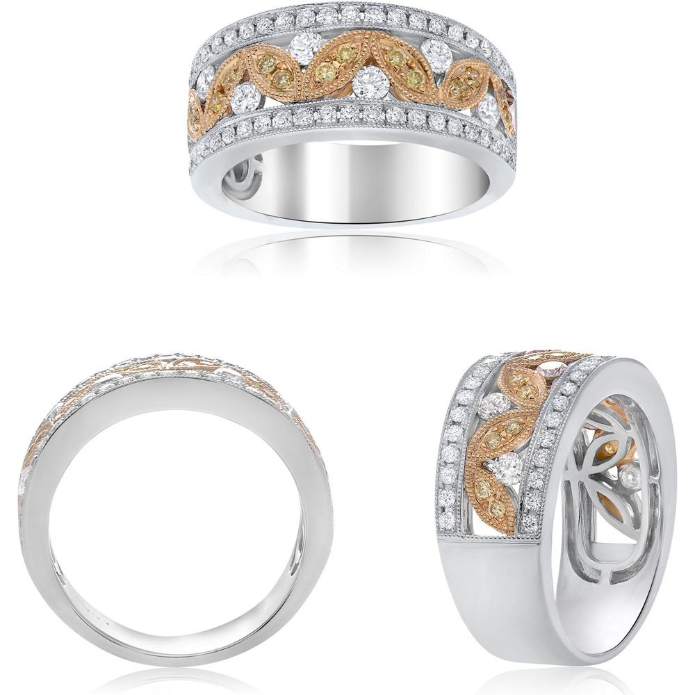 Roman & Jules - 18K White and Yellow Gold Round Fancy Yellow Diamond Band Ring with Round White Diamonds - 0.72 Carat Total Diamond Weight