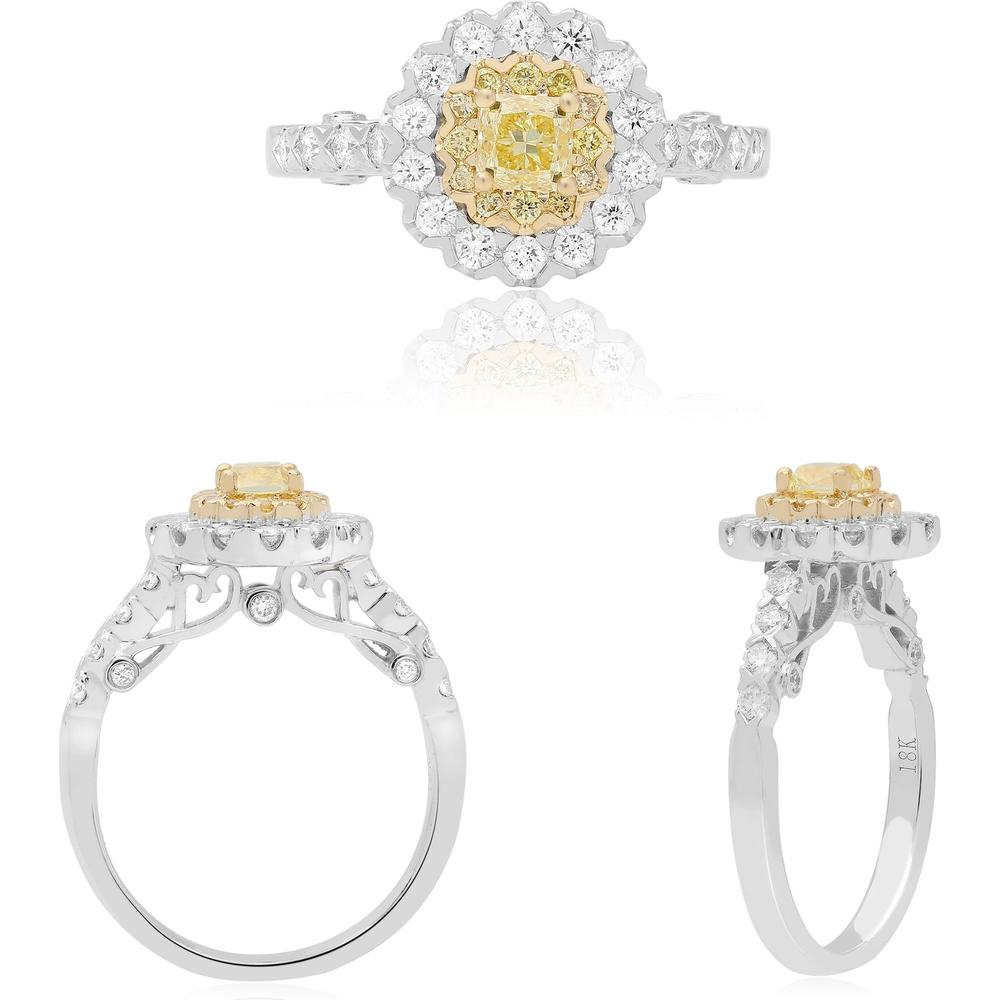 Roman & Jules - 18K White and Yellow Gold Round Fancy Yellow Diamond Halo Ring - 0.52 Carat Total Diamond Weight