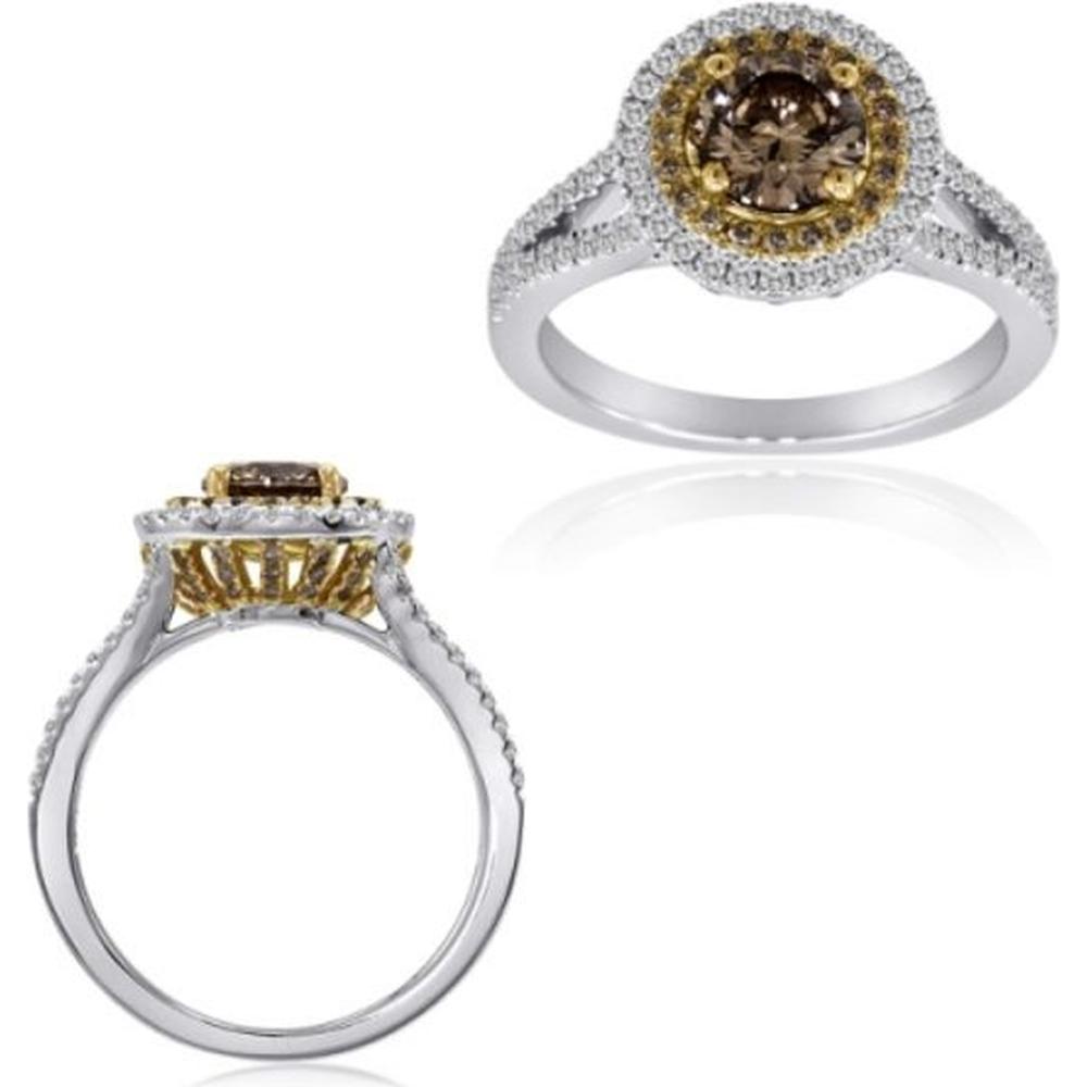 Roman & Jules - 18K White and Yellow Gold Round Fancy Yellow Diamond Halo Ring with 0.34 Carat Round Diamond and 0.20 Carat Yellow Diamond Surround