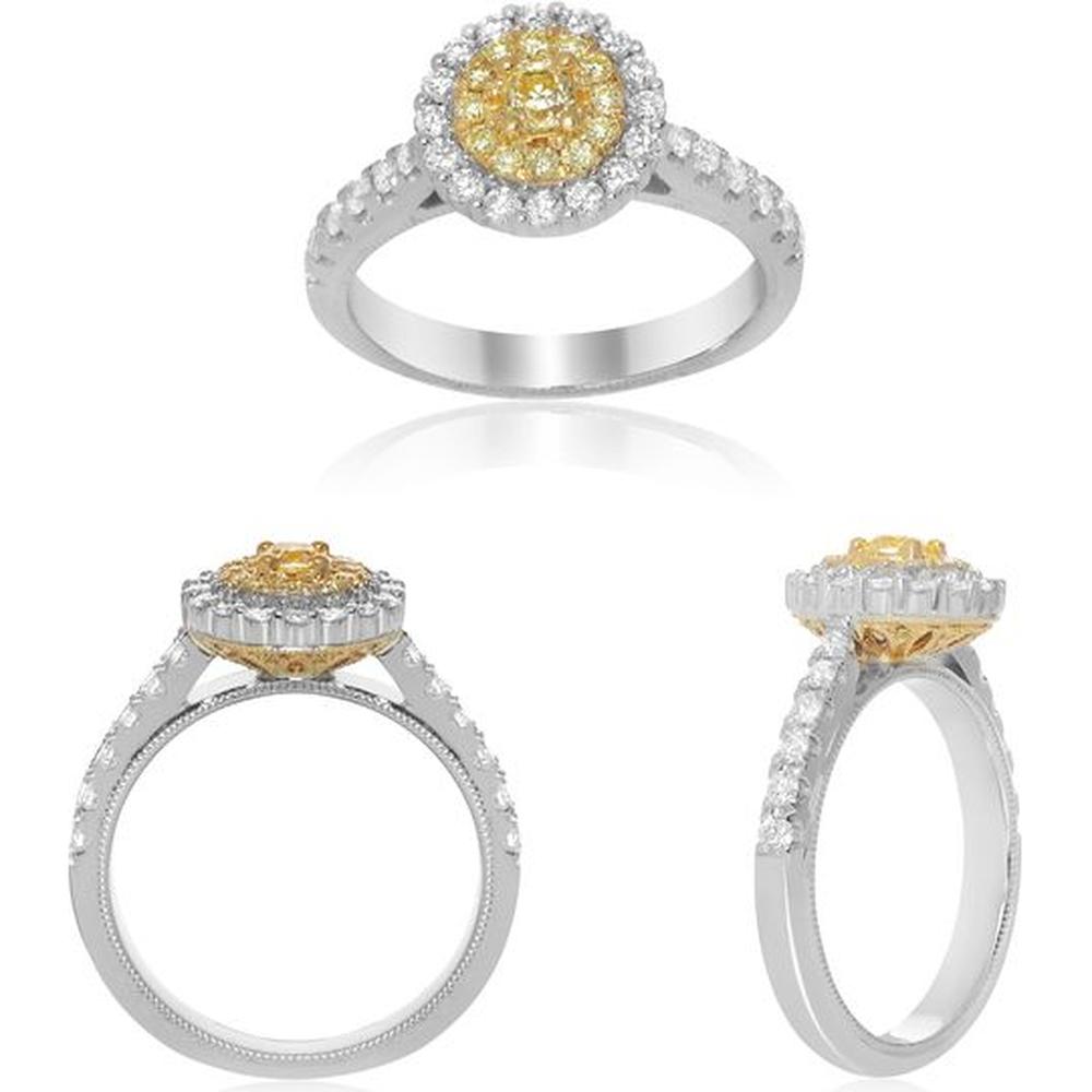 Roman & Jules - 18K White and Yellow Gold Round Fancy Yellow Diamond Halo Ring with Milgrain Detail - 0.59 Carat Total Diamond Weight