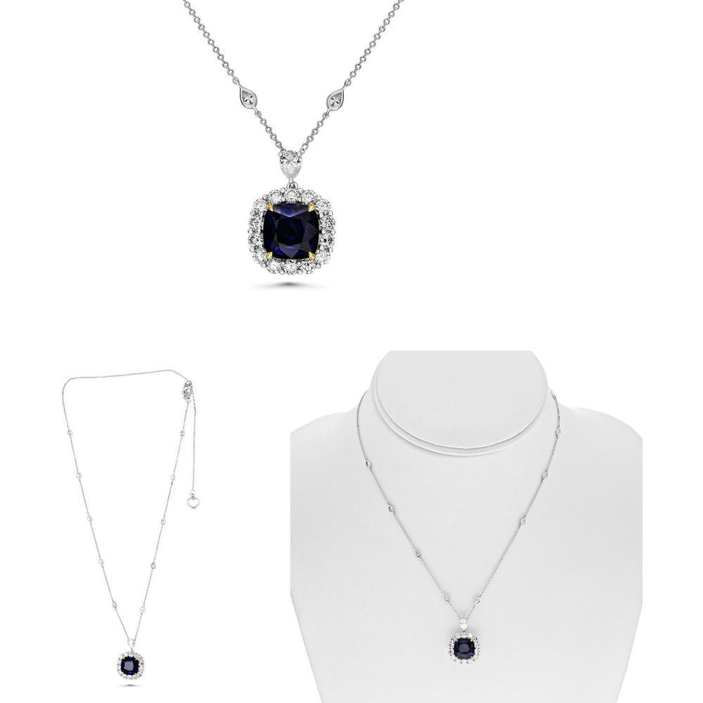 Roman & Jules - 18K White and Yellow Gold Sapphire and Diamond Halo Necklace - 6.05 Carat Sapphire, 1.43 Carat Total Diamond Weight