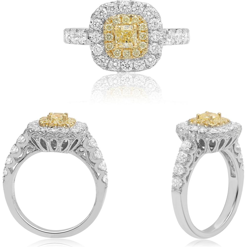 Roman & Jules - 18K White & Yellow Gold Scallop Shank Yellow Diamond Halo Ring with Round Diamonds - 1.08 Carat Total Diamond Weight