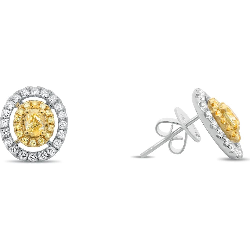 Roman & Jules - 18K White and Yellow Gold Split Halo Stud Earrings with Fancy Yellow and White Diamonds - 1.33 Carat Total Diamond Weight