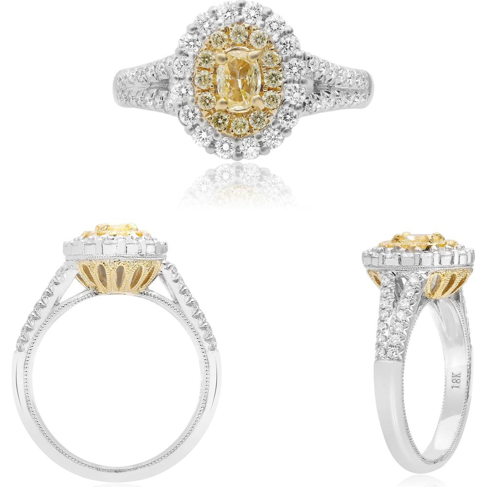 Roman & Jules - 18K White and Yellow Gold Split Shank Diamond Ring with Oval Fancy Yellow Diamond - 0.93 Carat Total Diamond Weight
