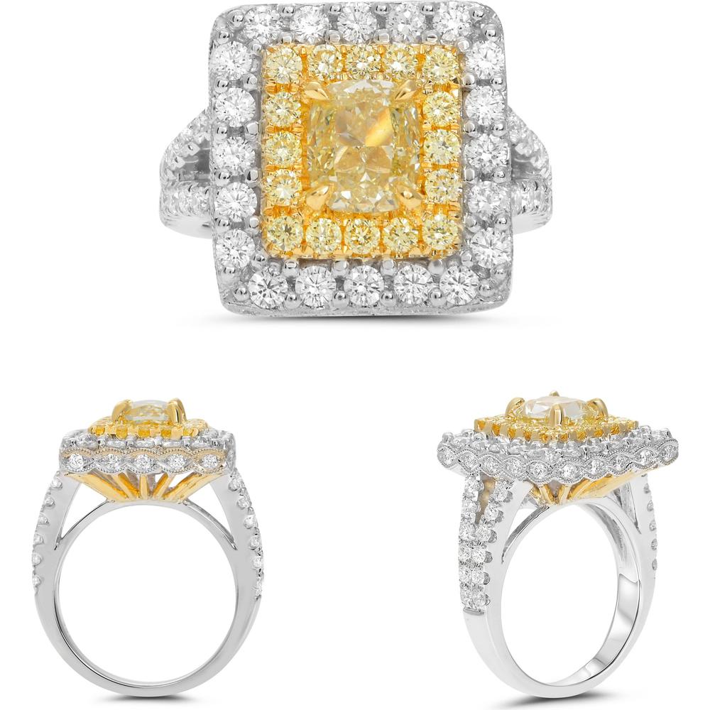 Roman & Jules - 18K White and Yellow Gold Split Shank Double Halo Diamond Ring with 1.56 Carat Total Diamond Weight, Fancy Yellow Center Diamond