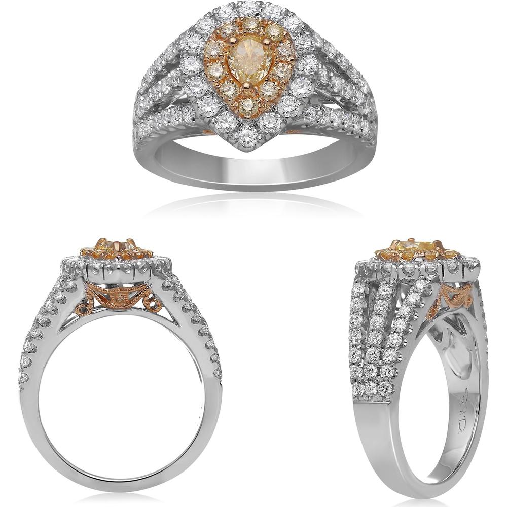 Roman & Jules - 18K White and Yellow Gold Split Shank Ring with Pear-Shaped Yellow Diamond and Round Diamonds - 1.03 Carat Total Diamond Weight
