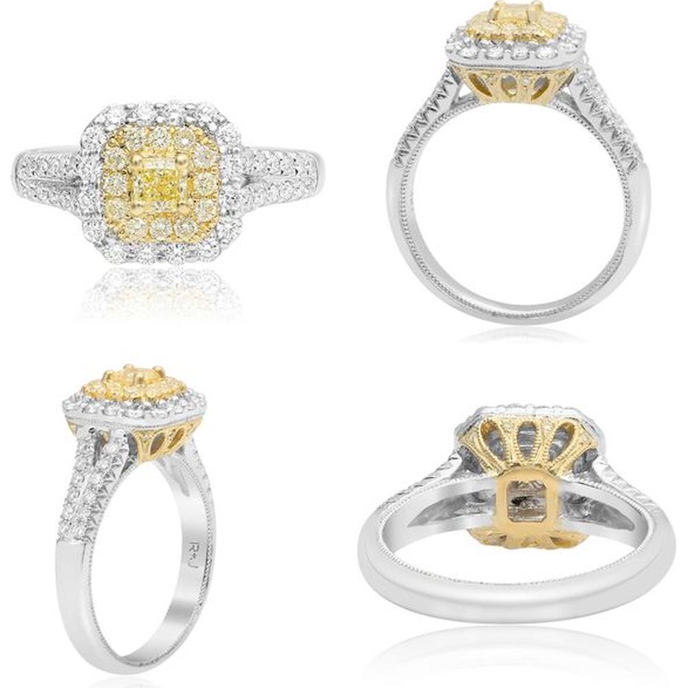 Roman & Jules - 18K White and Yellow Gold Split Shank Ring with Round White and Yellow Diamonds - 0.93 Carat Total Diamond Weight