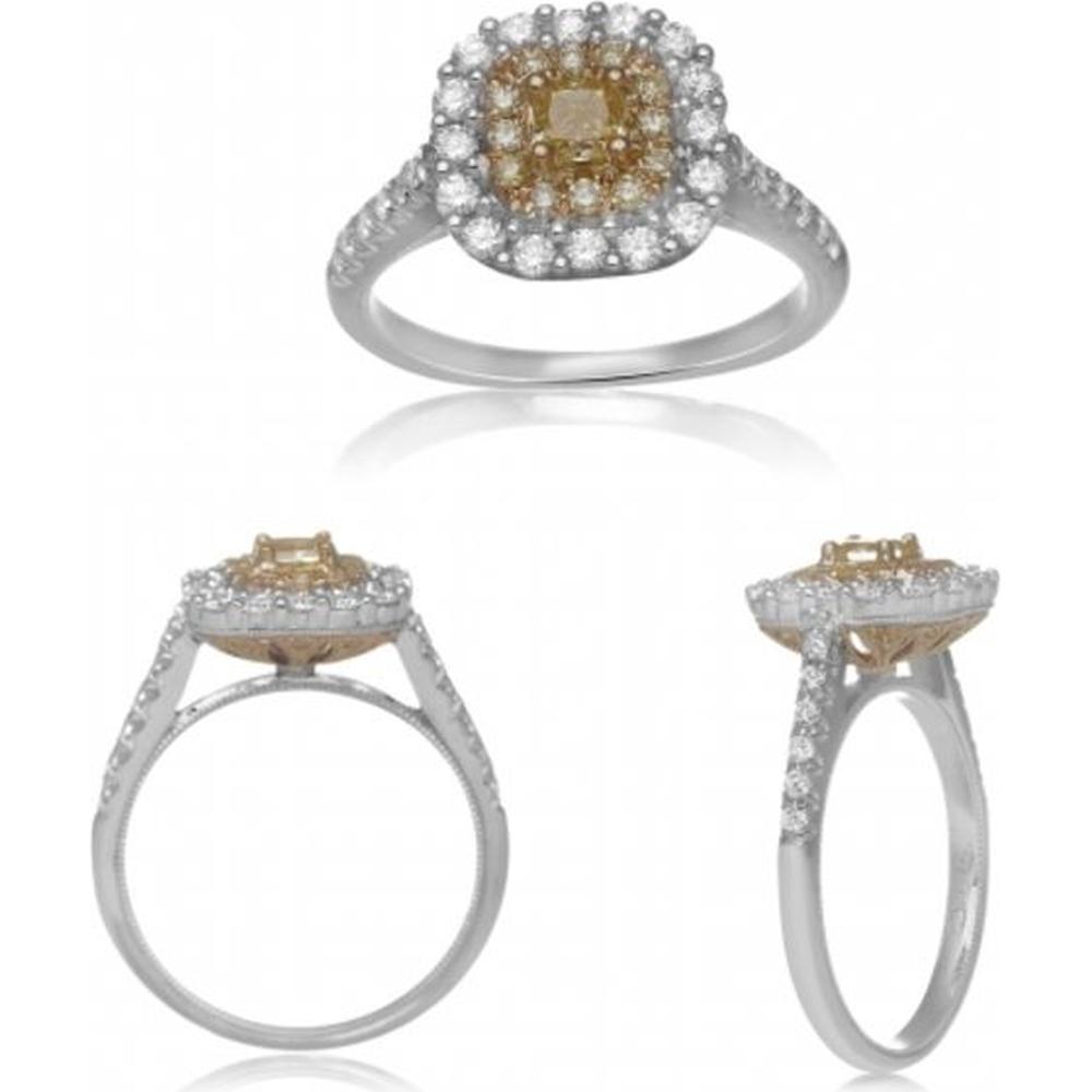Roman & Jules - 18K White and Yellow Gold Square Halo Diamond Ring with Fancy Yellow Diamond - 0.53 Carat Total Diamond Weight