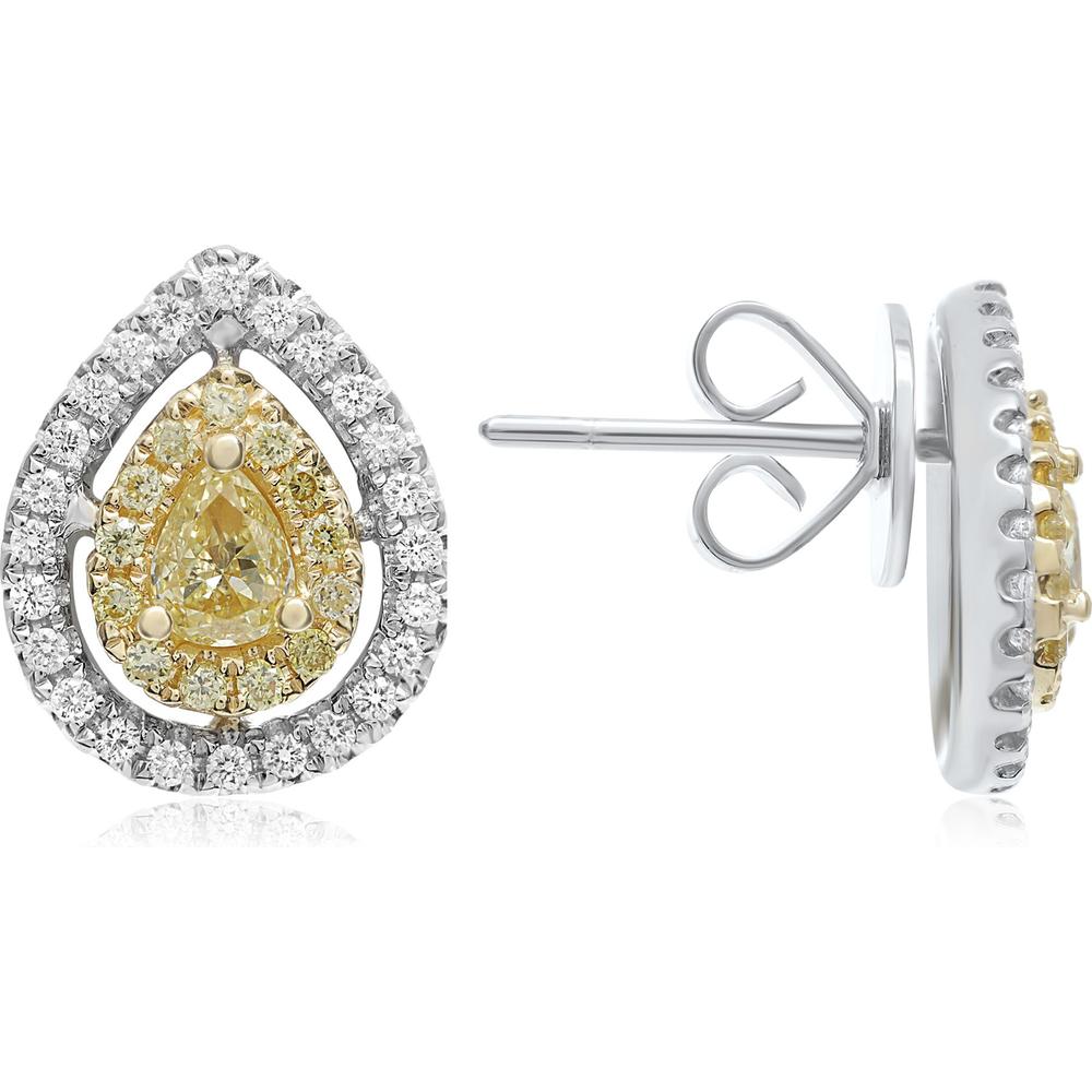 Roman & Jules - 18K White and Yellow Gold Stud Earrings with Fancy Yellow Pear Shape Diamond and Round Diamonds - 0.13 Carat Fancy Yellow Diamond and 0.40 Carat Total Diamond Weight