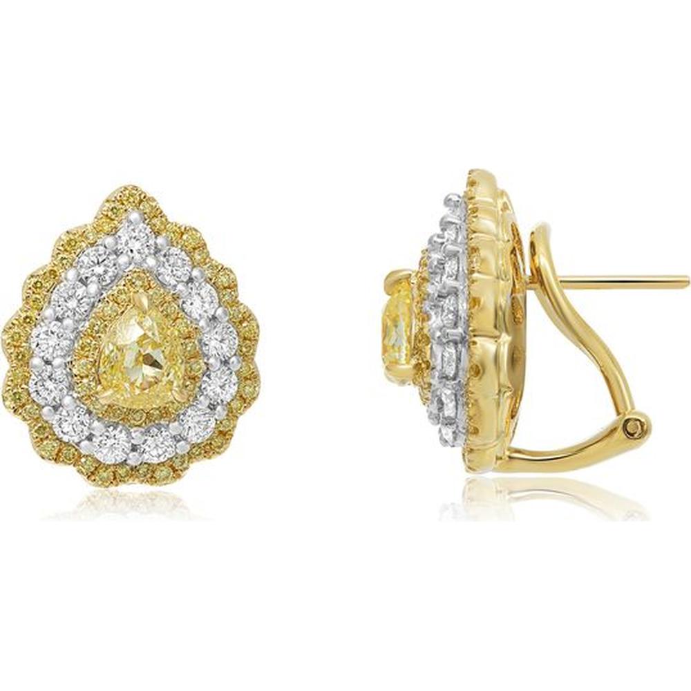 Roman & Jules - 18K White and Yellow Gold Stud Earrings with Pear-Shaped Fancy Yellow Diamond and Round Diamond Halo - 1.19 Carat Total Diamond Weight