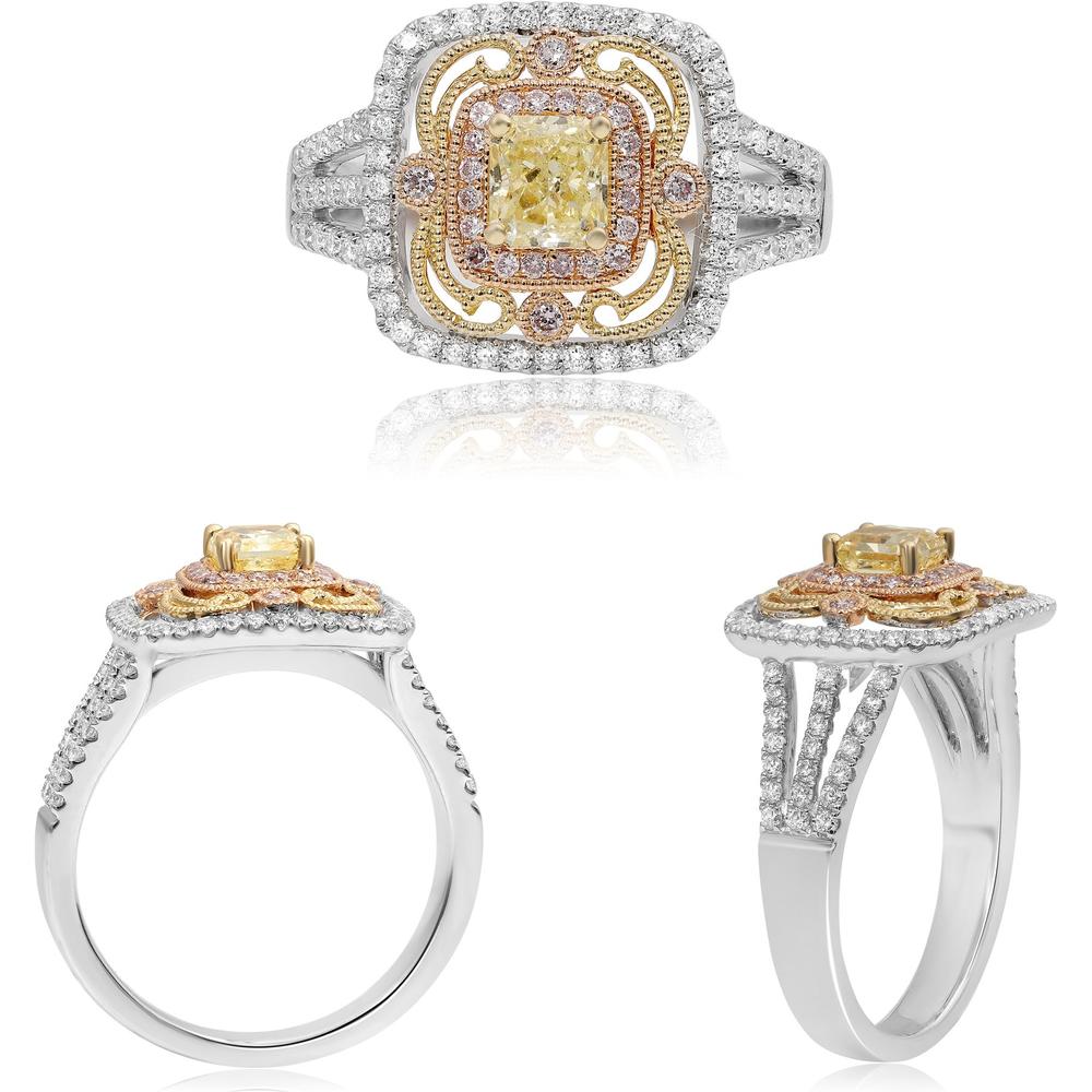 Roman & Jules - 18K White and Yellow Gold Tri-Colored Diamond Halo Ring with Fancy Yellow and Pink Diamonds - 0.96 Carat Total Diamond Weight