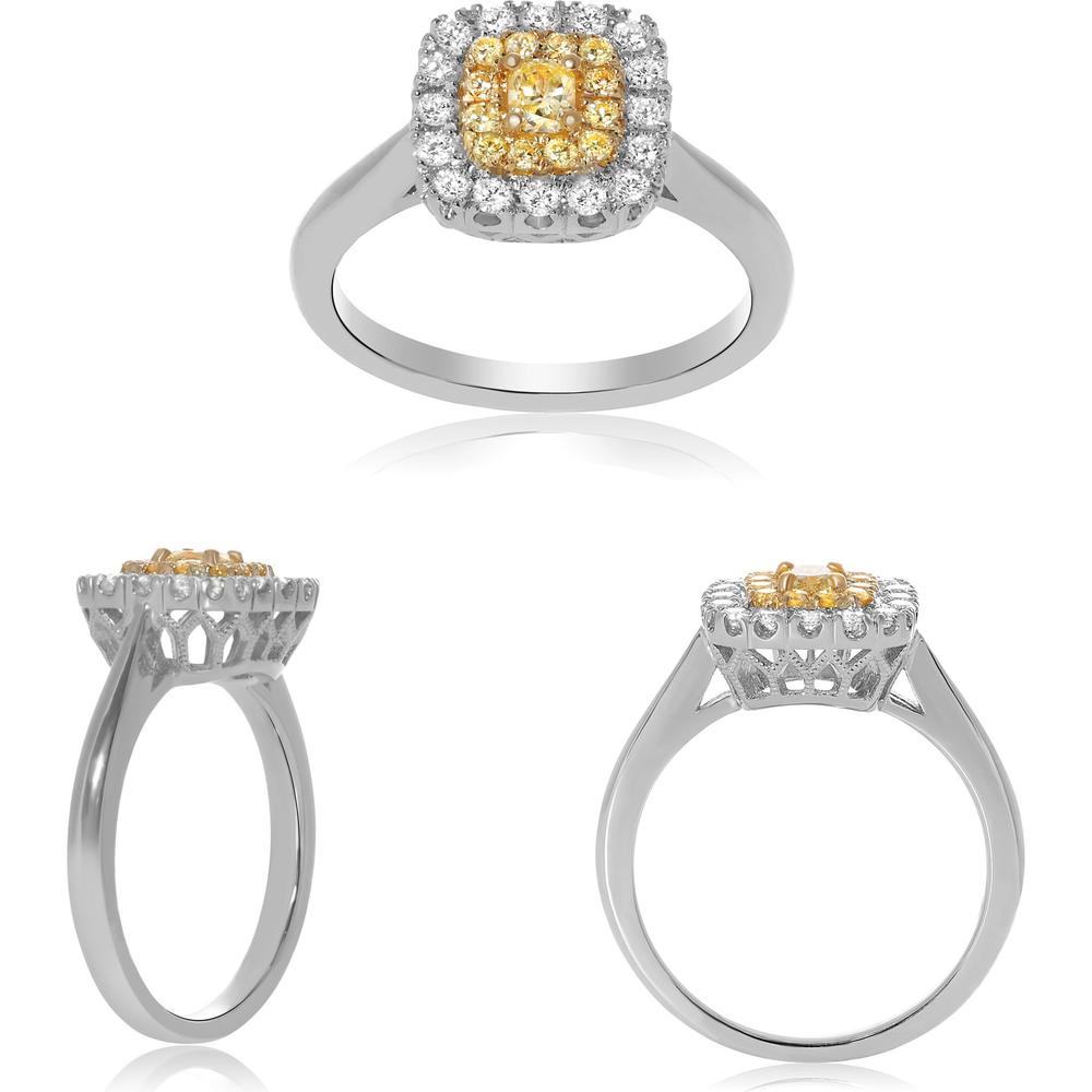 Roman & Jules - 18K White and Yellow Gold Two Tone Cushion Cut Diamond Ring with Round Fancy Yellow and White Diamonds - 0.58 Carat Total Diamond Weight