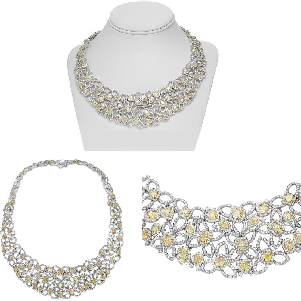 Roman & Jules - 18K White and Yellow Gold Two-Tone Diamond Bib Necklace with Fancy Yellow and White Round Diamonds - 19.18 Carat Total Diamond Weight