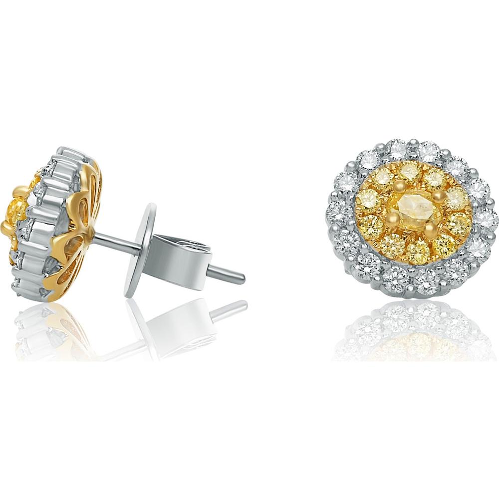Roman & Jules - 18K White and Yellow Gold Two-Tone Double Halo Diamond Stud Earrings with Fancy Yellow and Round Diamonds - 1.20 Carat Total Diamond Weight
