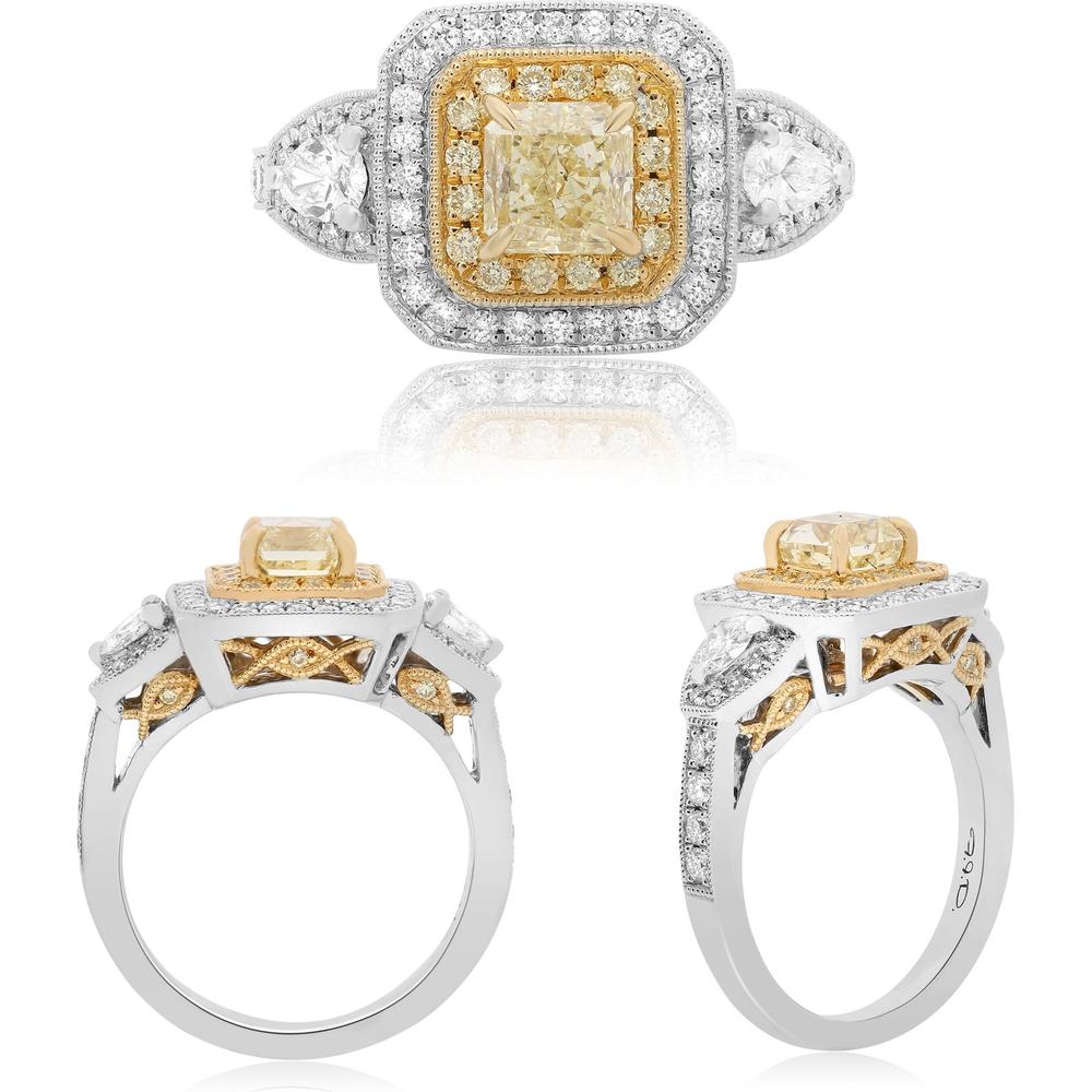 Roman & Jules - 18K White and Yellow Gold Two Tone Milgrain Halo Diamond Ring with Fancy Yellow Radiant Cut Diamond - 1.01 Carat Total Diamond Weight