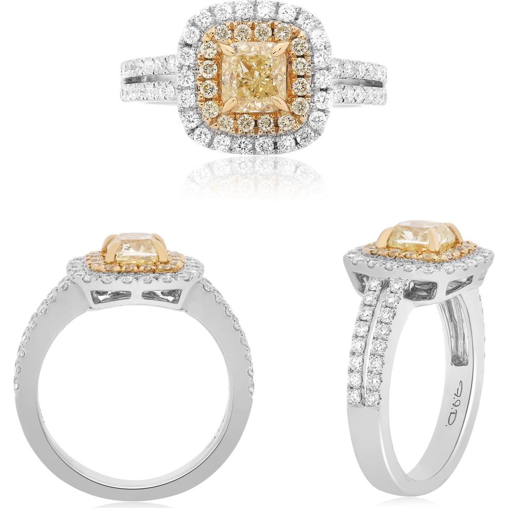 Roman & Jules - 18K White and Yellow Gold Yellow Diamond Double Halo Ring with Round Diamonds - 1.15 Carat Total Diamond Weight