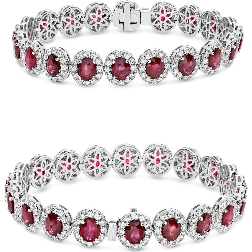 Roman & Jules - 18K White Gold 15.81 Carat Oval Ruby and Diamond Halo Tennis Bracelet - 4.87 Carat Total Diamond Weight