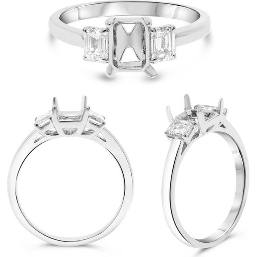 Roman & Jules - 18K White Gold 3-Stone Semi Mount Ring with Emerald Cut Diamonds - 0.50 Carat Total Diamond Weight