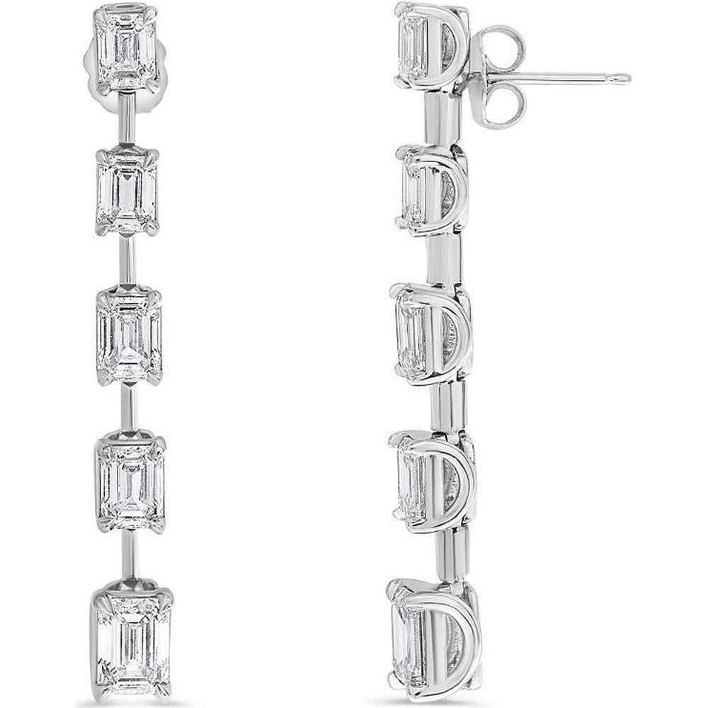 Roman & Jules - 18K White Gold 5 Emerald Cut Diamond Drop Earrings - 4.94 Carat Total Diamond Weight