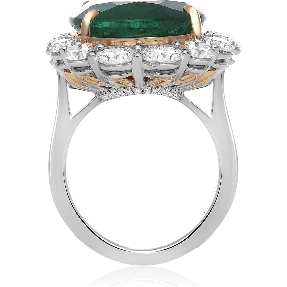Roman & Jules - 18K White Gold and Platinum Oval Emerald Halo Ring with Round Diamonds - 16.87 Carat Total Emerald Weight