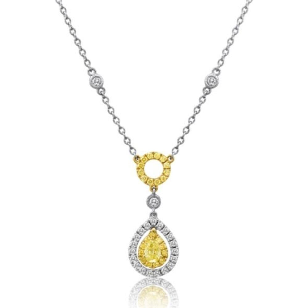 Roman & Jules - 18K White Gold and Yellow Gold Fancy Yellow Diamond Pendant Necklace with Round Diamond Halo - 0.83 Carat Total Diamond Weight