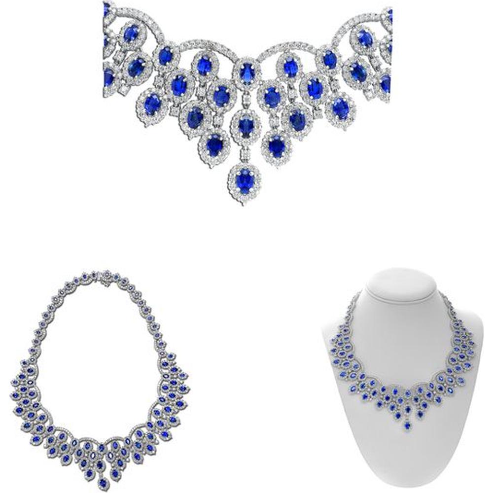 Roman & Jules - 18K White Gold  Bib Necklace with Sapphire and Diamond Halo - 53.74 Carat Sapphire, 36.03 Carat Diamond Total Weight