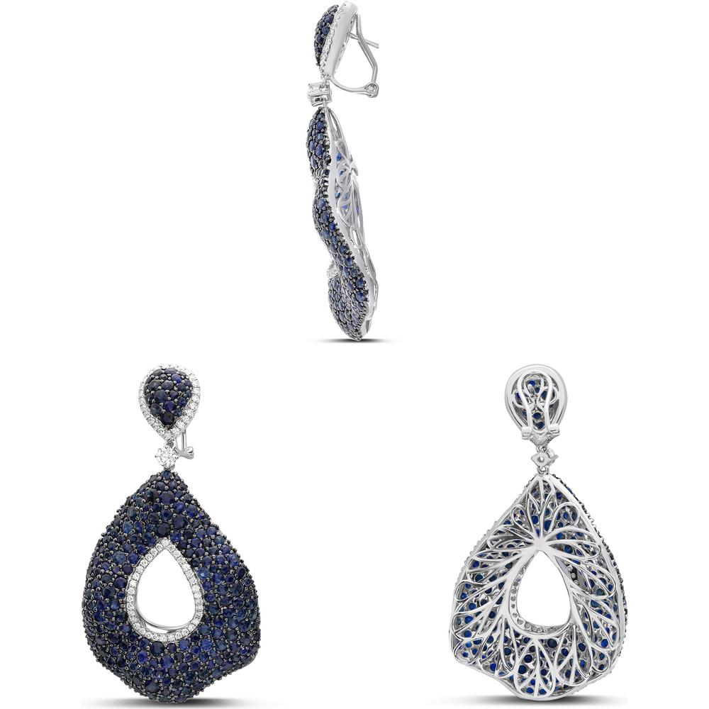 Roman & Jules - 18K White Gold Blue Sapphire Cluster Drop Earrings with Round Diamond Accents - 19.50 Carat Total Sapphire Weight