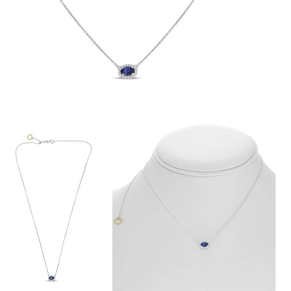 Roman & Jules - 18K White Gold Blue Sapphire Halo Necklace with Round Diamonds - 0.54 Carat Total Sapphire Weight