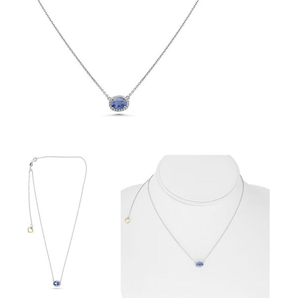 Roman & Jules - 18K White Gold Blue Sapphire Necklace with Halo Diamond Accent - 1.14 Carat Total Gemstone Weight