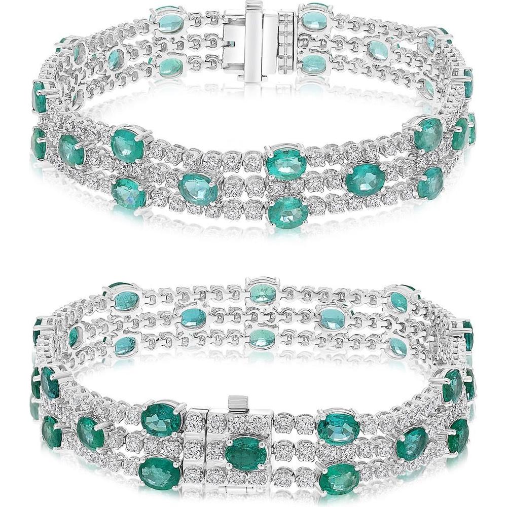 Roman & Jules - 18K White Gold Bracelet with 8.70 Carat Total Emeralds and 3.22 Carat Total Round Diamonds