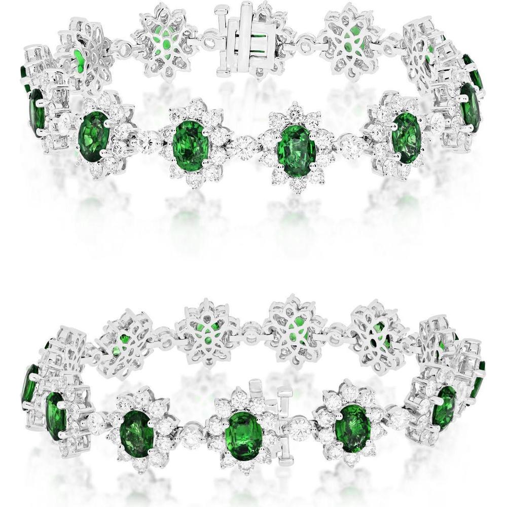 Roman & Jules - 18K White Gold Bracelet with Oval Emeralds and Round Diamond Halo - 8.66 Carat Total Emerald Weight, 7.55 Carat Total Diamond Weight